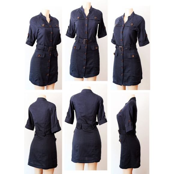Navy Belted Button Down Safari Utility Shirt Dress - Picture 7 of 8